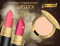 Glamorous compact foundation and lipstick on the sparkling effe