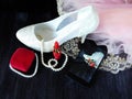 Glamorous composition made of white heels, red lipstick and photo of it taken with smartphone Royalty Free Stock Photo