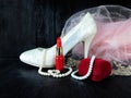 Glamorous composition made of white heels, red lipstick and pink dress Royalty Free Stock Photo