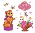 ÃÂ¡ute funny cat. Set with animal, birds, flower basket. Decorative style toy, doll. Magic, fabulous story. Isolated illustration. Royalty Free Stock Photo