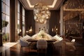 Glamorous dining room in a luxury residence, featuring a large dining table, exquisite lighting fixtures, and stylish decor.
