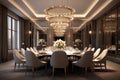 Glamorous dining room in a luxury residence, featuring a large dining table, exquisite lighting fixtures, and stylish decor.