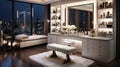 A glamorous dressing room for a fashionista with a vanity table, glass window, feminine and luxurious space, AI Generated