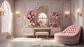 A glamorous dressing room for a fashionista with a vanity table, glass window, feminine and luxurious space, AI Generated