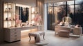 A glamorous dressing room for a fashionista with a vanity table, glass window, feminine and luxurious space, AI Generated