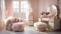 A glamorous dressing room for a fashionista with a vanity table, glass window, feminine and luxurious space, AI Generated