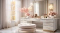 A glamorous dressing room for a fashionista with a vanity table, glass window, feminine and luxurious space, AI Generated