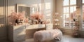 A Glamorous dressing room for a fashionista with a vanity table, glass window, feminine and luxurious space, Designer Delights