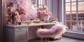 A Glamorous dressing room for a fashionista with a vanity table, glass window, feminine and luxurious space, Designer Delights
