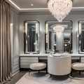 11 A glamorous dressing room with a mirrored vanity, plush seating, and chandelier lighting4, Generative AI