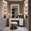 A glamorous dressing room with a vanity, full-length mirror, and plush seating1