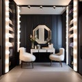 A glamorous dressing room with a vanity, full-length mirror, and plush seating2