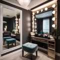 A glamorous dressing room with a vanity, full-length mirror, and plush seating3
