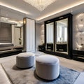 A glamorous dressing room with a vanity mirror, a plush velvet ottoman, and a floor-to-ceiling wardrobe for showcasing designer