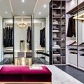 A glamorous dressing room with a vanity mirror, a plush velvet ottoman, and a walk-in closet showcasing designer fashion and acc