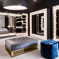 A glamorous dressing room with a vanity mirror, a plush velvet ottoman, and a walk-in closet showcasing designer fashion and acc