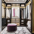 A glamorous dressing room with a vanity mirror, a plush velvet ottoman, and a walk-in closet showcasing designer fashion and acc