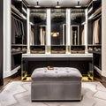 A glamorous dressing room with a vanity mirror, a plush velvet ottoman, and a walk-in closet showcasing designer fashion and acc