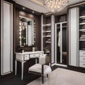 A glamorous dressing room with vanity mirrors, plush seating, crystal chandeliers, and custom wardrobe organization2
