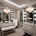 A glamorous dressing room with vanity mirrors, plush seating, crystal chandeliers, and custom wardrobe organization1