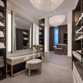 A glamorous dressing room with vanity mirrors, plush seating, crystal chandeliers, and custom wardrobe organization3