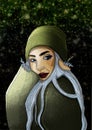 Glamorous dryad with blue hair and eyes, cartoon portrait of a girl in a green sweater and cap, close-up