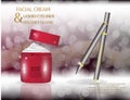 Glamorous facial cream jar and eyeliner pen on the sparkling e