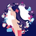 Glamorous Fashion And Beauty Long Hair Girl Makeup Ilustration