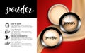 Glamorous Fashion Face Cosmetic Makeup Powder in Black Round Plastic Case Top View ads elegant. flowing liquid texture.