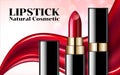 Glamorous Fashion lipstick ads elegant liquid flowing lipsticks makeup isolated scarlet pink background Cosmetics Package Product.