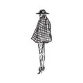 Glamorous fashion model in checkered short coat, hat, leggings and high heel boots, back view, hand drawn ink doodle, sketch