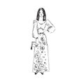 Glamorous fashion model in long skirt with flowers print and blouse standing, front view, hand drawn ink doodle, sketch, outline