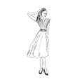 Glamorous fashion model in skirt and blouse standing posing, front view, hand drawn ink doodle, sketch, outline black and white