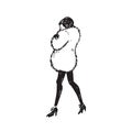 Glamorous fashion model in white fluffy fur coat, black gloves, leggings and high heel boots walking, side view, hand drawn
