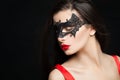 Glamorous fashion model woman in black carnival mask on background with abstract night glitter sparkle Royalty Free Stock Photo