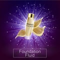 Glamorous foundation ads, glass bottle with foundation and foundation splashes, elegant ads for design, 3d vector