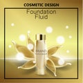 Glamorous foundation ads, glass bottle with foundation and foundation splashes, elegant ads for design, 3d vector