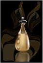 Glamorous glass bottle with black cap filled with golden liquid. Vectors