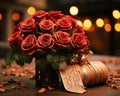 Glamorous Golden Bokeh and Red Roses Gift Royalty Free Stock Photo