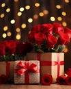 Glamorous Golden Bokeh and Red Roses Gift Royalty Free Stock Photo