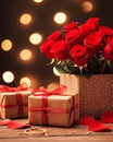 Glamorous Golden Bokeh and Red Roses Gift Royalty Free Stock Photo