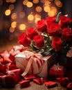 Glamorous Golden Bokeh and Red Roses Gift Royalty Free Stock Photo