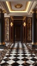 A glamorous, high-end hallway showcases an elegant checkerboard marble floor pattern complemented by ornate gold-framed Royalty Free Stock Photo