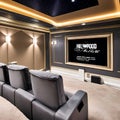 Glamorous Hollywood: A glitzy home theater with plush velvet seats, a popcorn machine, and a marquee sign displaying the latest
