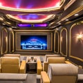 Glamorous Hollywood: A glitzy home theater with plush velvet seats, a popcorn machine, and a marquee sign displaying the latest