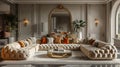 Glamorous Hollywood Regency-style living room with plush fabrics and mirrored surfaces3D render.