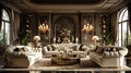 Glamorous Hollywood Regency-style living room with plush fabrics and mirrored surfaces3D render.