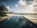 A glamorous infinity pool overlooking a picturesque beach created with Generative AI