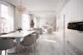 Glamorous interior design integrating a white kitchen, dining room, and living area Royalty Free Stock Photo