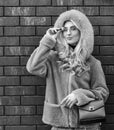 Glamorous lady. Fashion as unique as you are. Pink sheepskin coat. Fancy chic coat. Natural wool sheepskin coat. Fur on